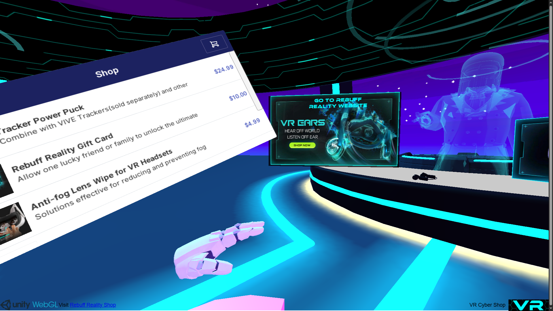 Screenshot of VR Cybershop in-world booth with wrist-mounted UI.